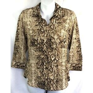 Zac & Rachel Top PS Brown Snake Button Up 3/4 Sleeve Pocket Boho Career Abstract